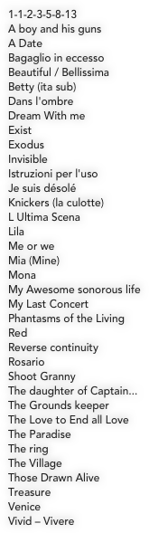  
1-1-2-3-5-8-13
A boy and his guns
A Date
Bagaglio in eccesso 
Beautiful / Bellissima
Betty (ita sub) 
Dans l'ombre 
Dream With me
Exist
Exodus
Invisible 
Istruzioni per l'uso
Je suis désolé
Knickers (la culotte)
L Ultima Scena 
Lila
Me or we
Mia (Mine)
Mona
My Awesome sonorous life
My Last Concert
Phantasms of the Living
Red
Reverse continuity
Rosario
Shoot Granny
The daughter of Captain...
The Grounds keeper
The Love to End all Love
The Paradise 
The ring
The Village
Those Drawn Alive 
Treasure
Venice
Vivid – Vivere
